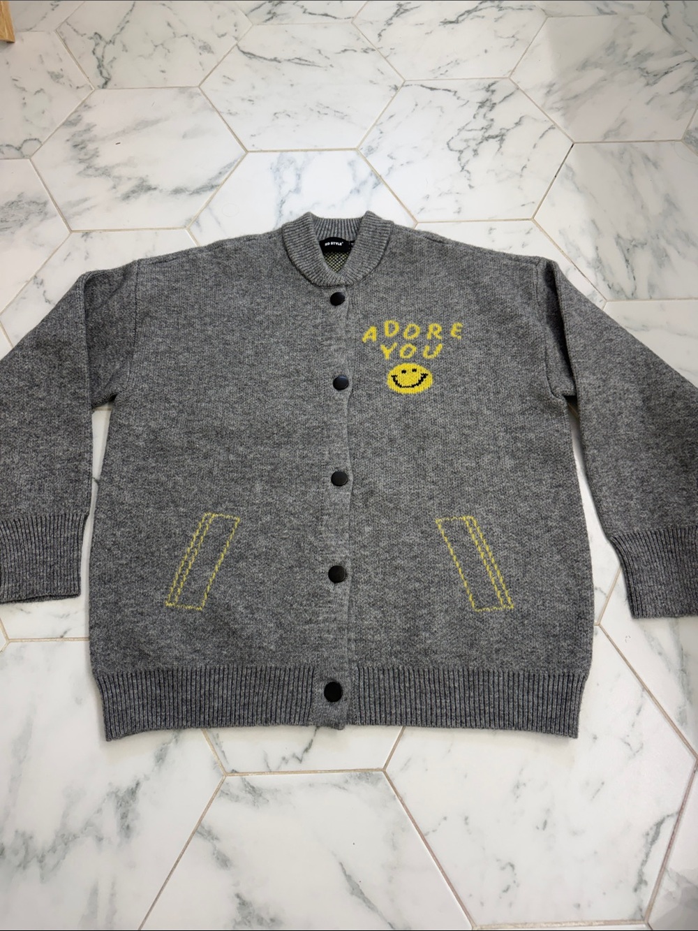 Gray Women’s RD Style Smiley Face Yellow 'Adore You' Cardigan